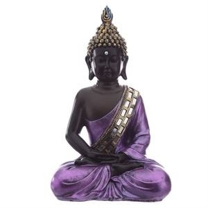 Buddha 338 siddende lilla og træfarvet h28cm